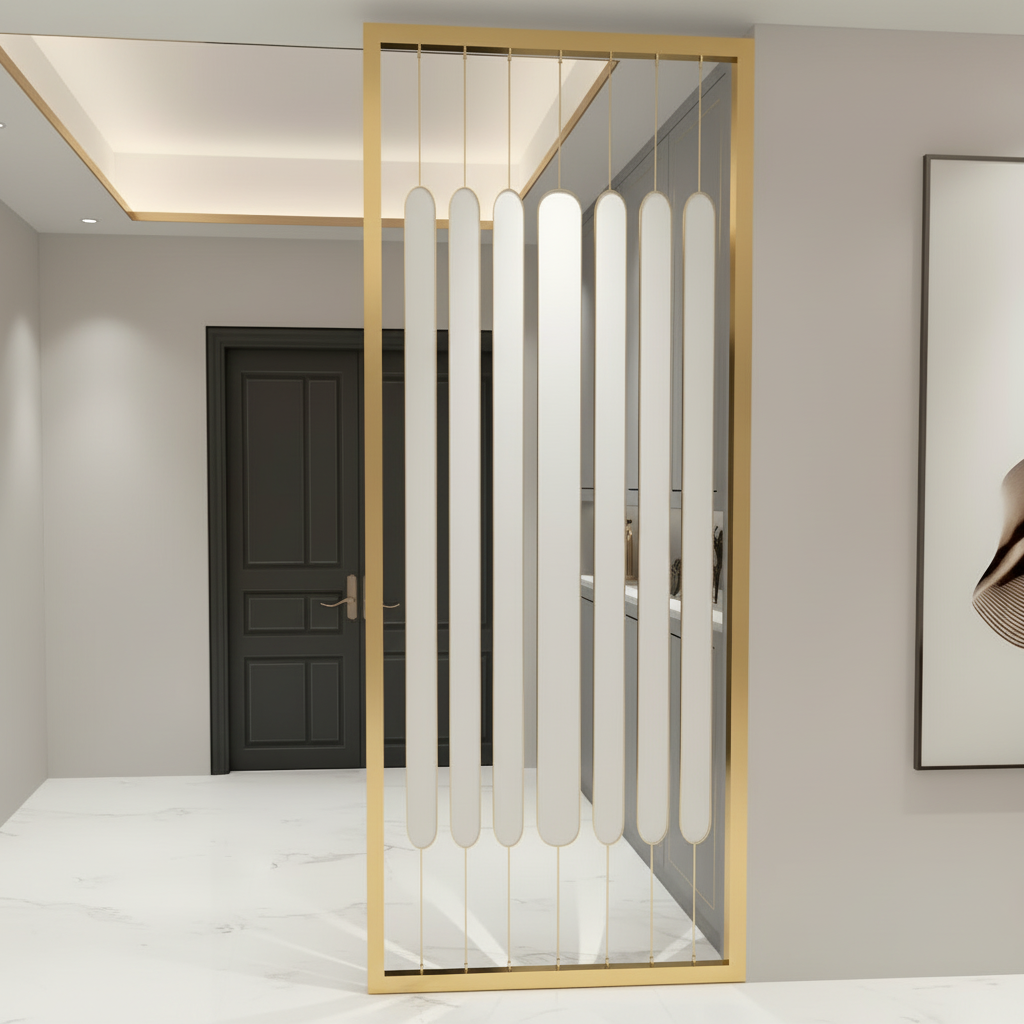 Modern Gold Metal Room Divider – Luxury White Capsule Panel Privacy Screen for Entryway - Image 2