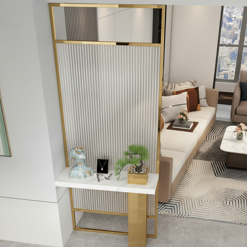 Modern Gold Entryway Partition – Luxury Fluted Glass Room Divider with Marble Console Shelf - Image 2