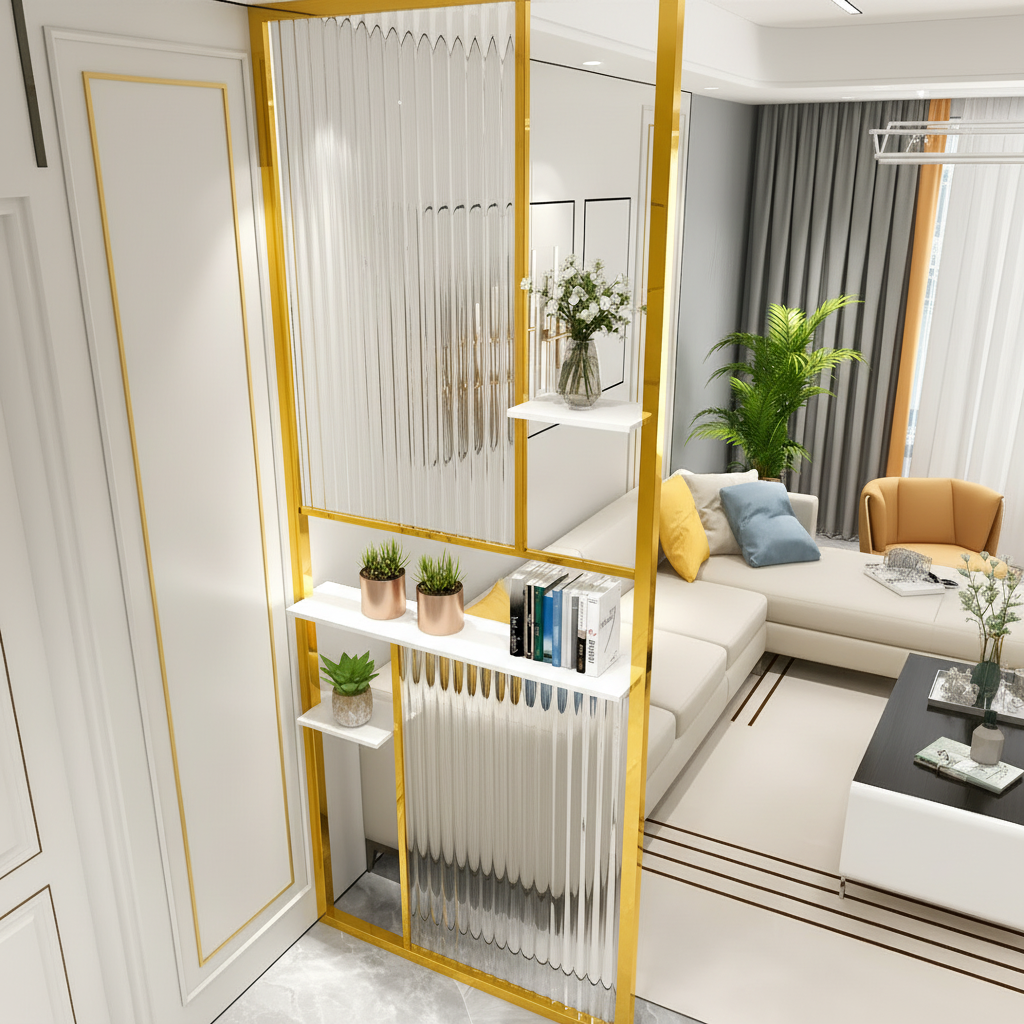 Modern Gold Entryway Partition – Luxury Fluted Glass Room Divider with Integrated Display Shelves - Image 3