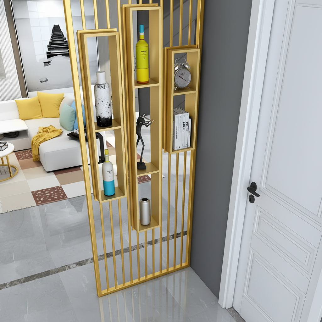 Modern Gold Slat Room Divider – Luxury Metal Partition with Integrated Display Shelves - Image 2