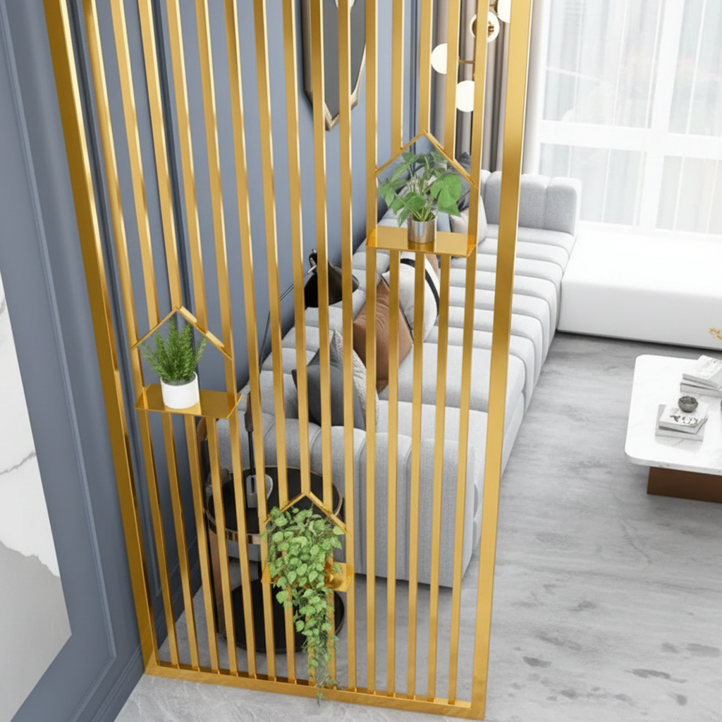 Modern Gold Slat Room Divider – Luxury Metal Partition with Integrated Geometric Plant Shelves. - Image 2