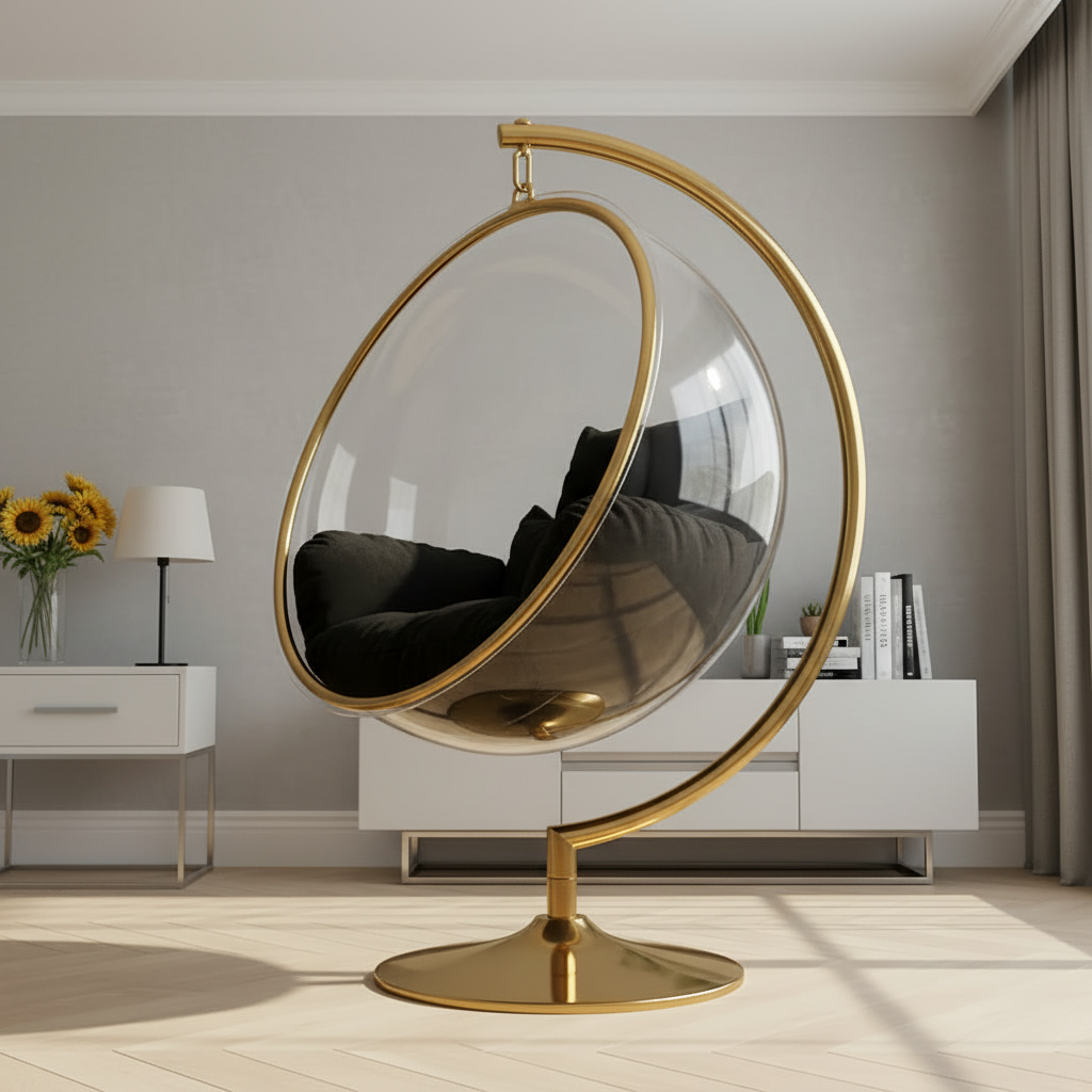 Modern Gold Bubble Swing Chair – Luxury Transparent Acrylic Hanging Globe Chair with Stand - Image 2