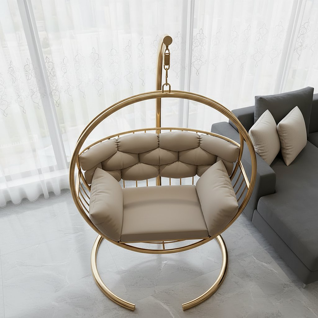 Luxury Gold Circular Swing Chair – Modern Stainless Steel Indoor Hanging Chair with Stand. - Image 3
