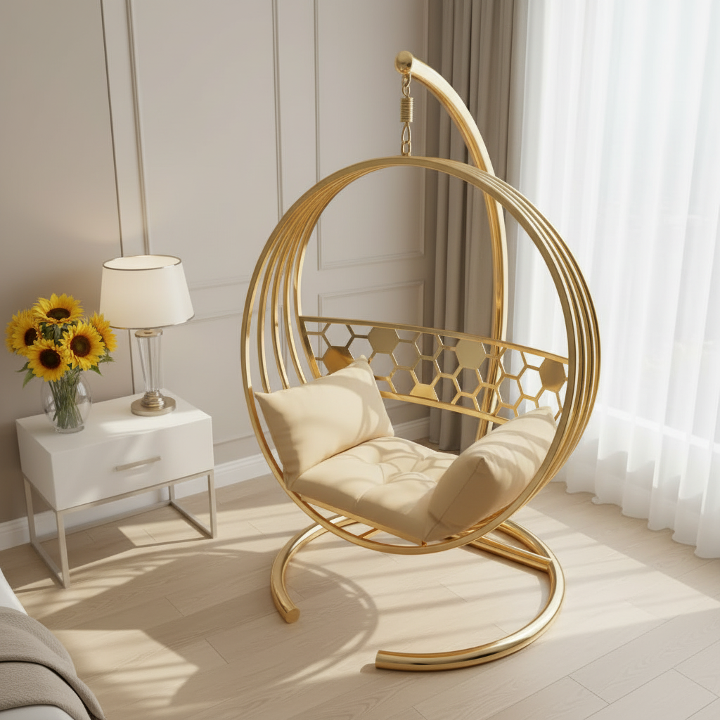 Elegant Gold Orbital Swing Chair – Luxury Metal Frame Hanging Chair with Honeycomb Pattern Back. - Image 2
