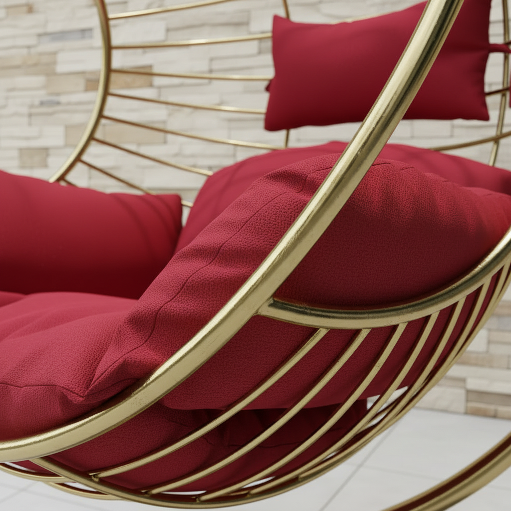 Luxury Gold Orbital Swing Chair – Modern Stainless Steel Hanging Chair with Vibrant Red Cushions & Heavy-Duty Stand - Image 3