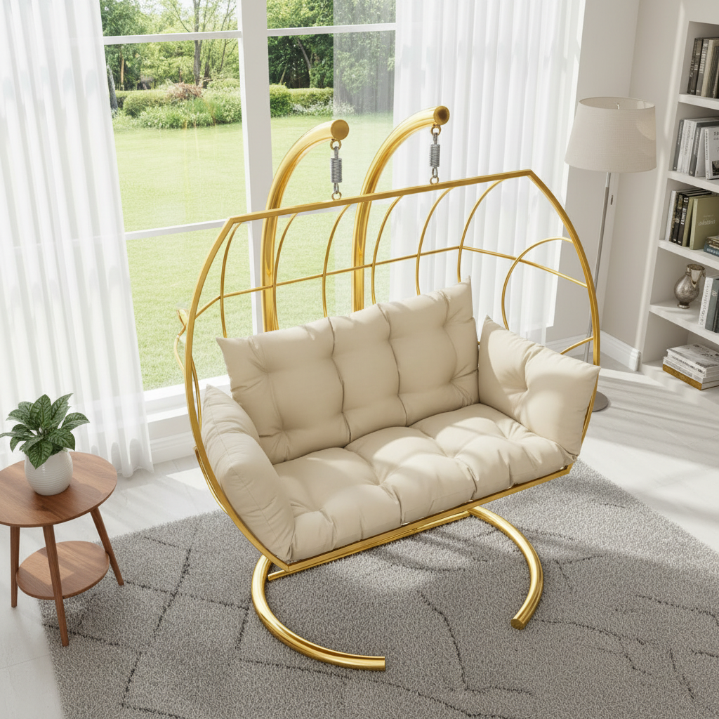 Modern Stainless Steel Indoor Hanging Bench with Premium Beige Cushions & Dual Stand Support - Image 2