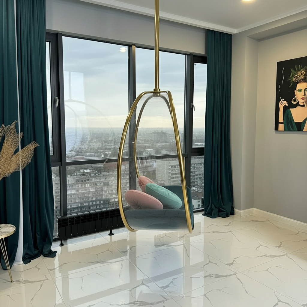 Modern Transparent Acrylic Globe Hanging Chair with Gold Finish & Deep Teal Velvet Cushion - Image 2