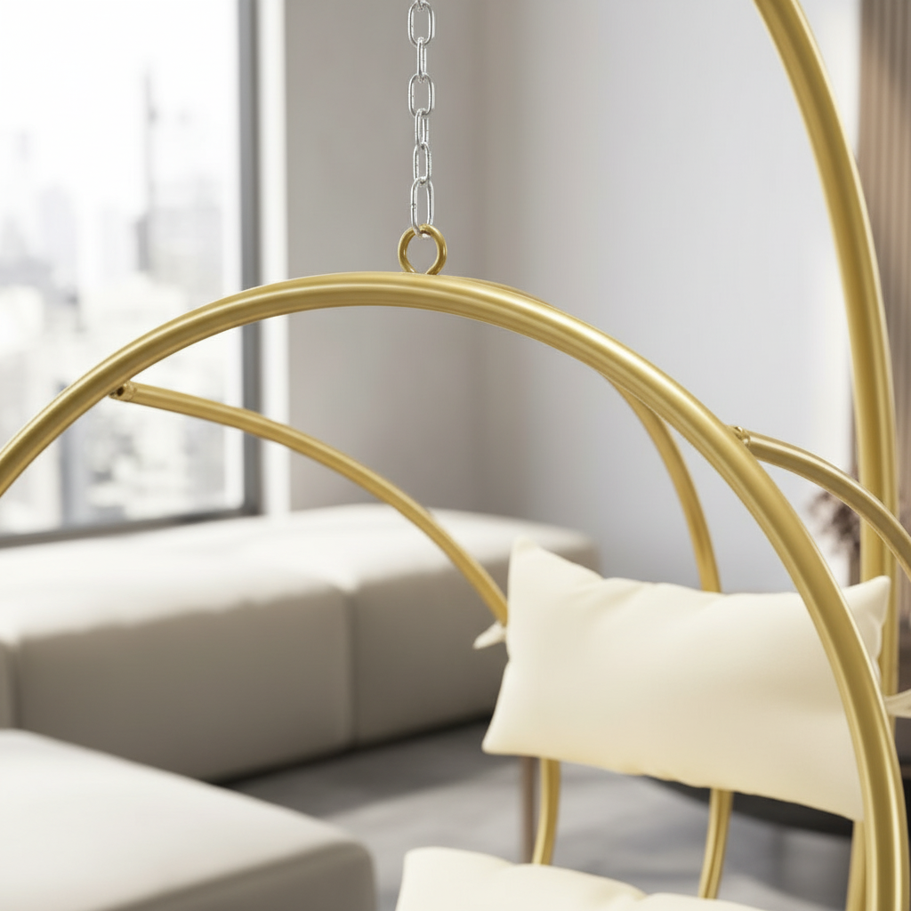 Luxury Gold Orbit Swing Chair – Modern Stainless Steel Hanging Chair with Premium Cream Cushions & Elegant Curved Stand - Image 2