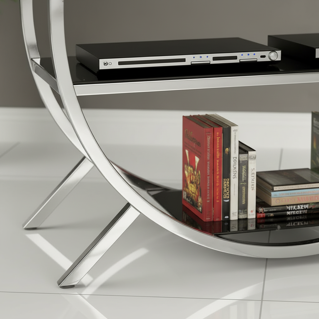 Modern Silver Chrome TV Stand – Luxury Minimalist Entertainment Center with Tiered Black Glass Shelves & Curvilinear Metal Frame - Image 3