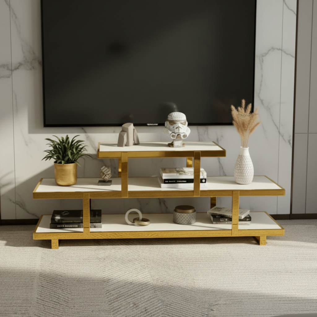 Luxury Marble Top TV Unit – Modern Gold Stainless Steel Media Console with Fluted Texture & Rounded Edges - Image 3