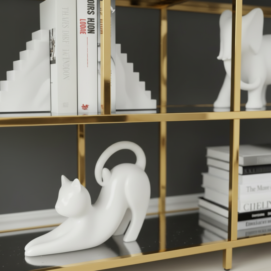 طاولة تلفزيون ذهبية مودرن (أرفف زجاج أسود وتصميم هندسي مفتوح). - الصورة 2
