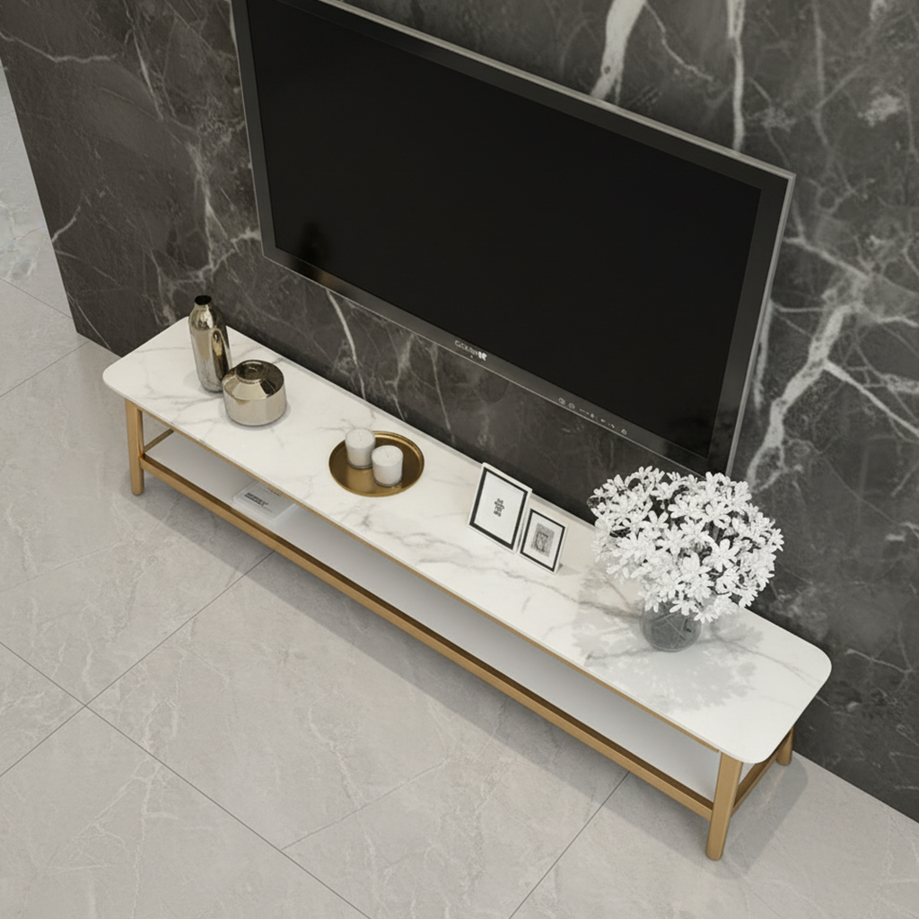 Luxury Gold Stainless Steel TV Stand – Modern Open-Concept Media Console with Marble Tiers & Geometric Interlocking Frame - Image 2