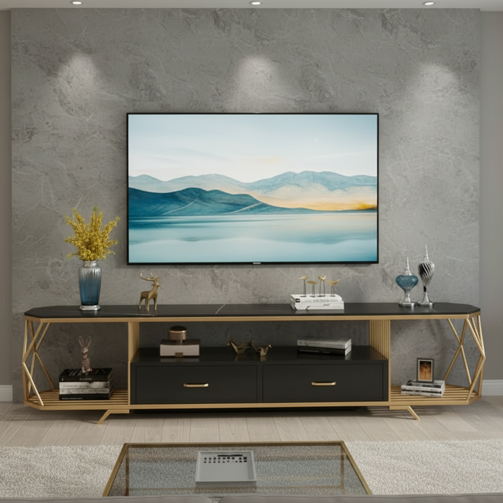 ⁦طاولة تلفزيون رخام أسود وذهب (تصميم شرائح هندسية وأدراج مزدوجة).⁩ - الصورة ⁦2⁩