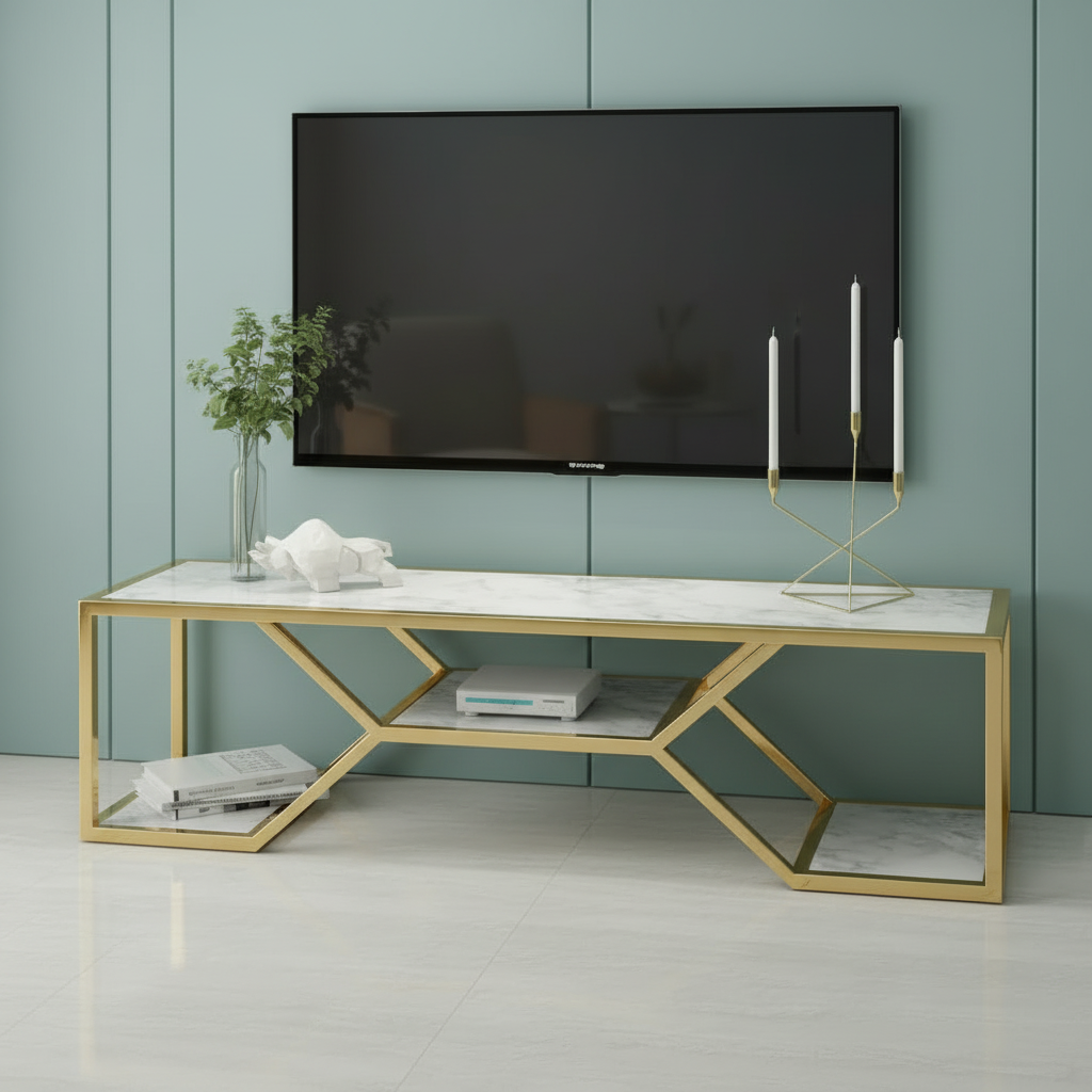 Modern Luxury White Marble TV Unit – Geometric Gold Stainless Steel Frame Media Stand with Multi-Level Open Shelving - Image 3