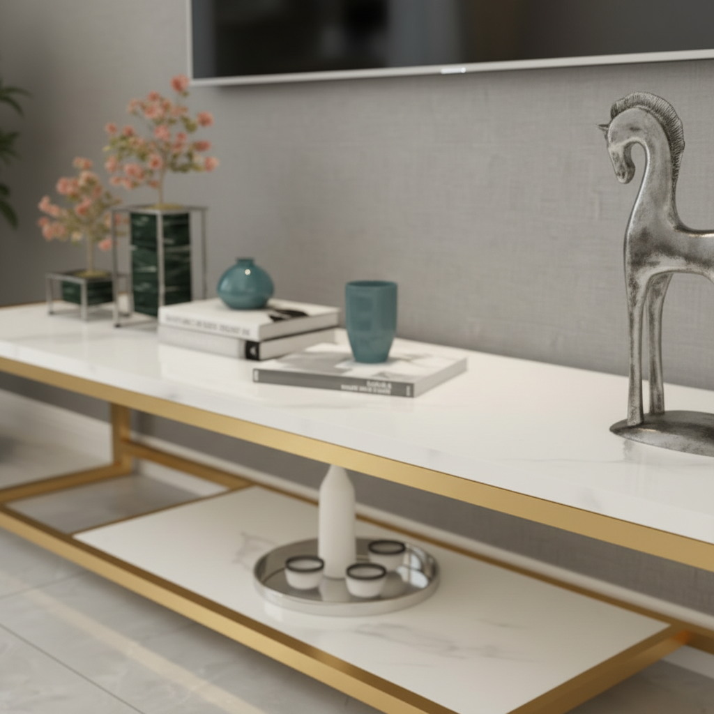 Minimalist Luxury White Marble TV Stand – Modern Gold Stainless Steel Frame Media Console with Integrated Low-Profile Shelf - Image 3