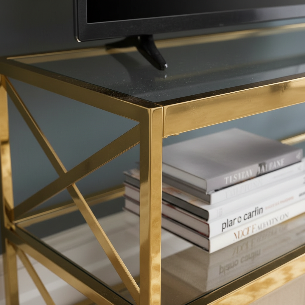 Luxury White Marble TV Unit – Modern Gold Stainless Steel Media Console with Rectangular Open Frames & Elegant Display Shelves - Image 2