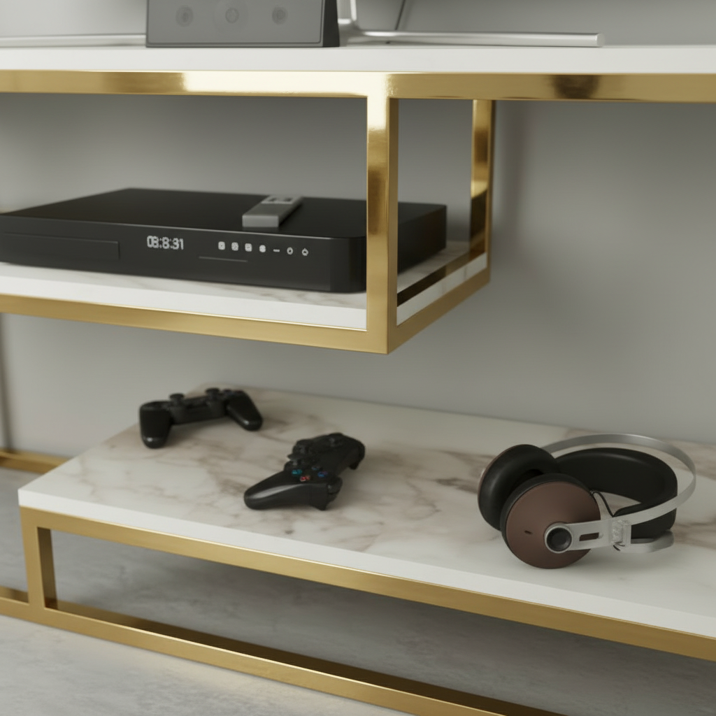 Luxury Modern White Marble TV Stand – Elegant Gold Stainless Steel Frame Media Console with Integrated Floating Shelf Design - Image 2