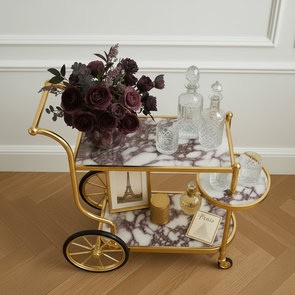 Vintage Luxury Gold Bar Cart – 3-Tier Rolling Serving Trolley with Premium Calacatta Viola Marble Shelves & Large Decorative Spokes Wheels - Image 3