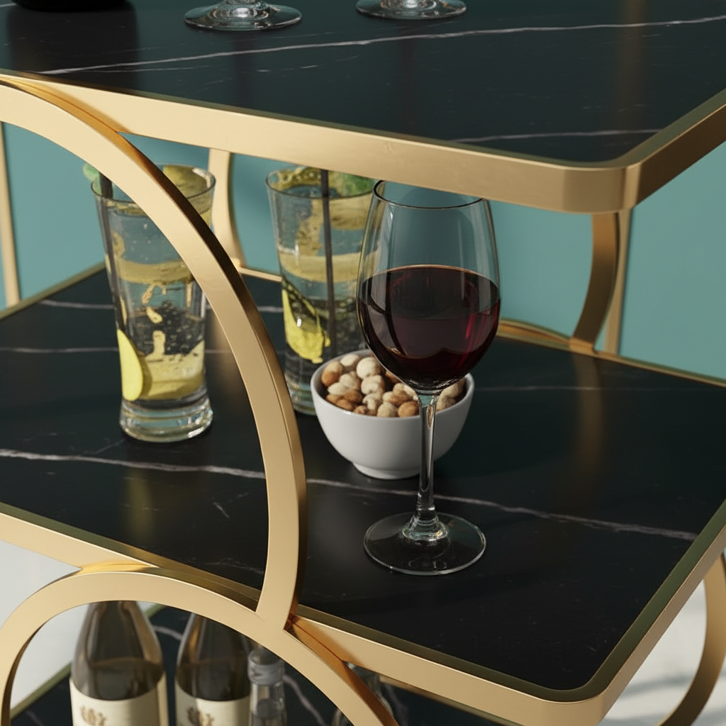 Luxury Geometric Gold Bar Cart – 3-Tier Round Nested Circle Serving Trolley with Black Marble Shelves & Heavy-Duty Locking Casters - Image 3