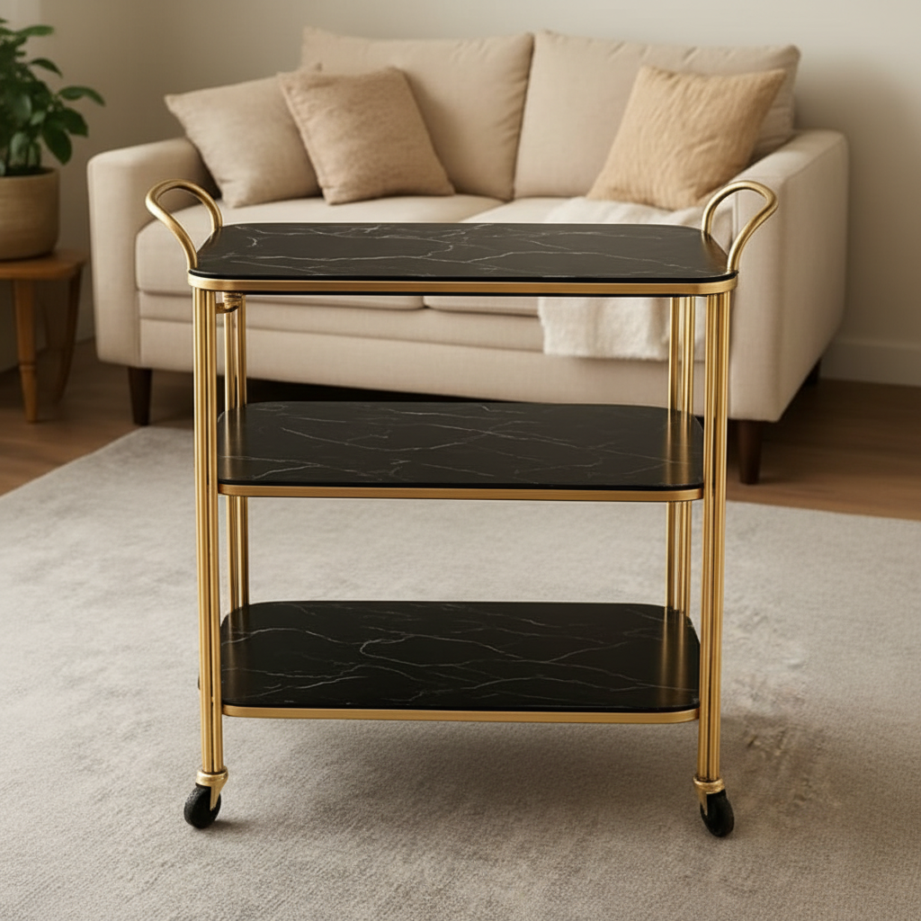 Modern Luxury 3-Tier Bar Cart – Elegant Gold Stainless Steel Serving Trolley with Black Marble Shelves & Integrated Dual Handles - Image 3