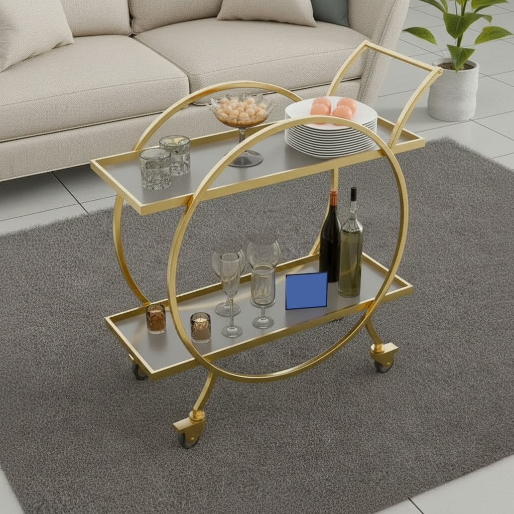 Modern Luxury Gold Bar Cart – Elegant 2-Tier Round Circle Frame Serving Trolley with Minimalist Grey Shelves and Rolling Casters - Image 2