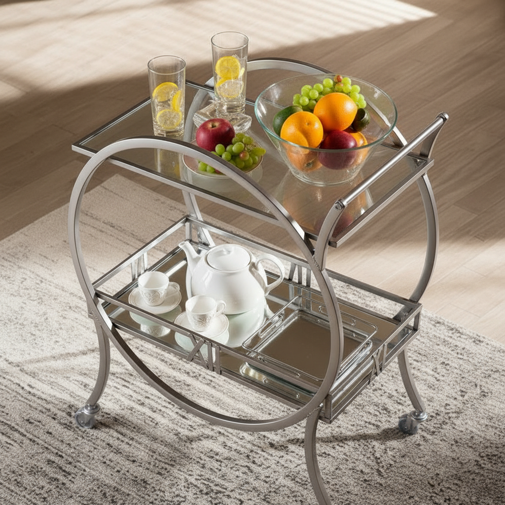 Modern Silver Bar Cart – Luxury 2-Tier Round Circle Frame Serving Trolley with Mirrored Glass Shelves & Rolling Casters - Image 3