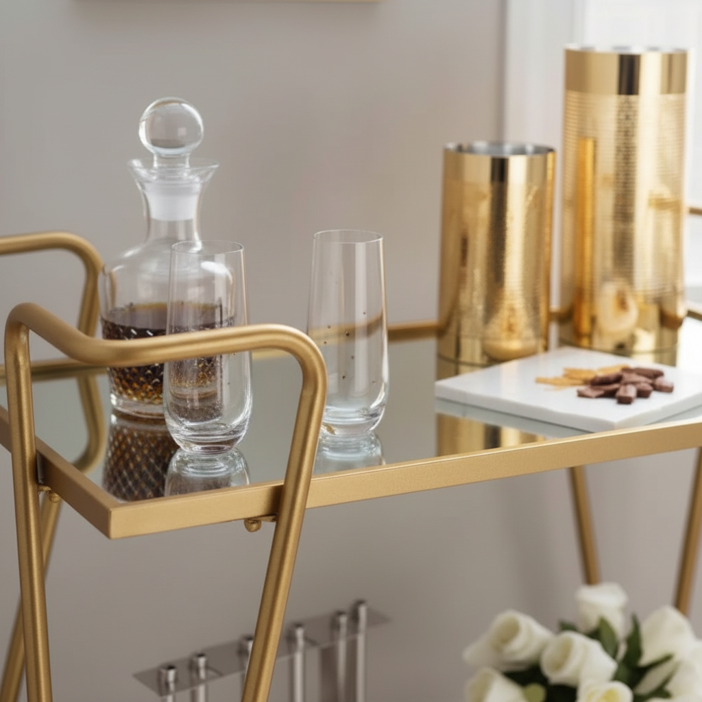 ⁦عربة ضيافة ذهبية مودرن (إطار V هندسي وأرفف مرايا فاخرة).⁩ - الصورة ⁦3⁩
