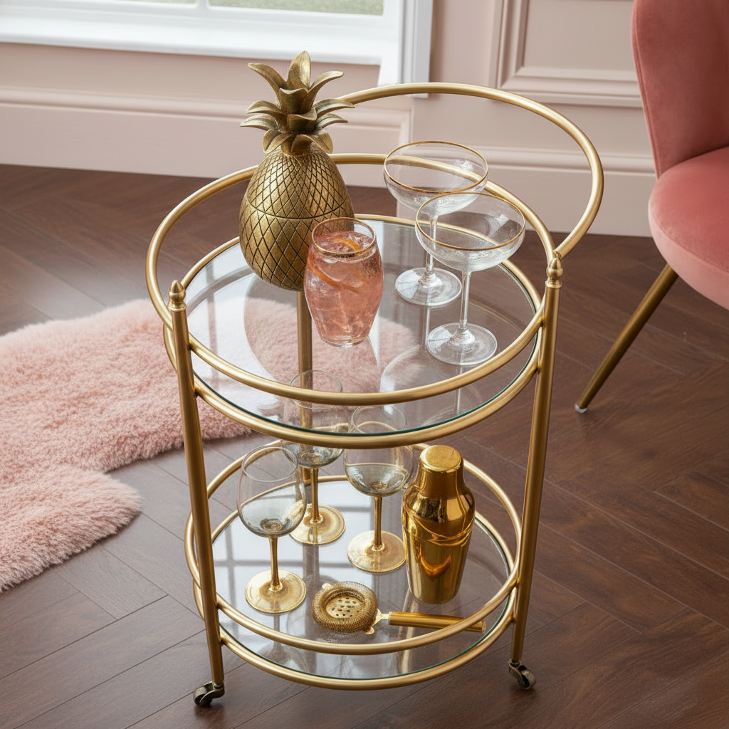 Luxury Round Gold Bar Cart – Elegant 2-Tier Glass Serving Trolley with Minimalist Circular Frame and Rolling Casters - Image 2