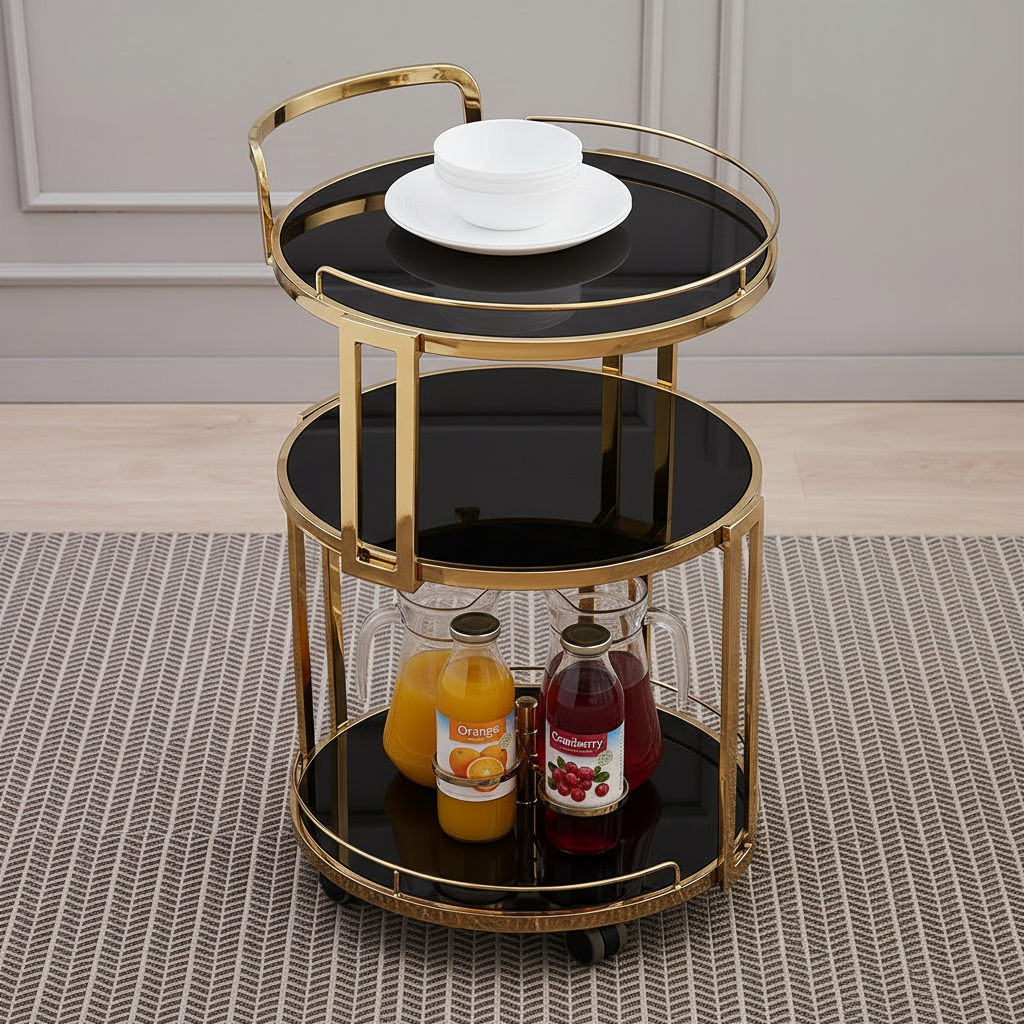 Luxury Modern Gold Bar Cart – Elegant 3-Tier Round Tiered Serving Trolley with Black Glass Shelves and Mobile Rolling Casters - Image 2