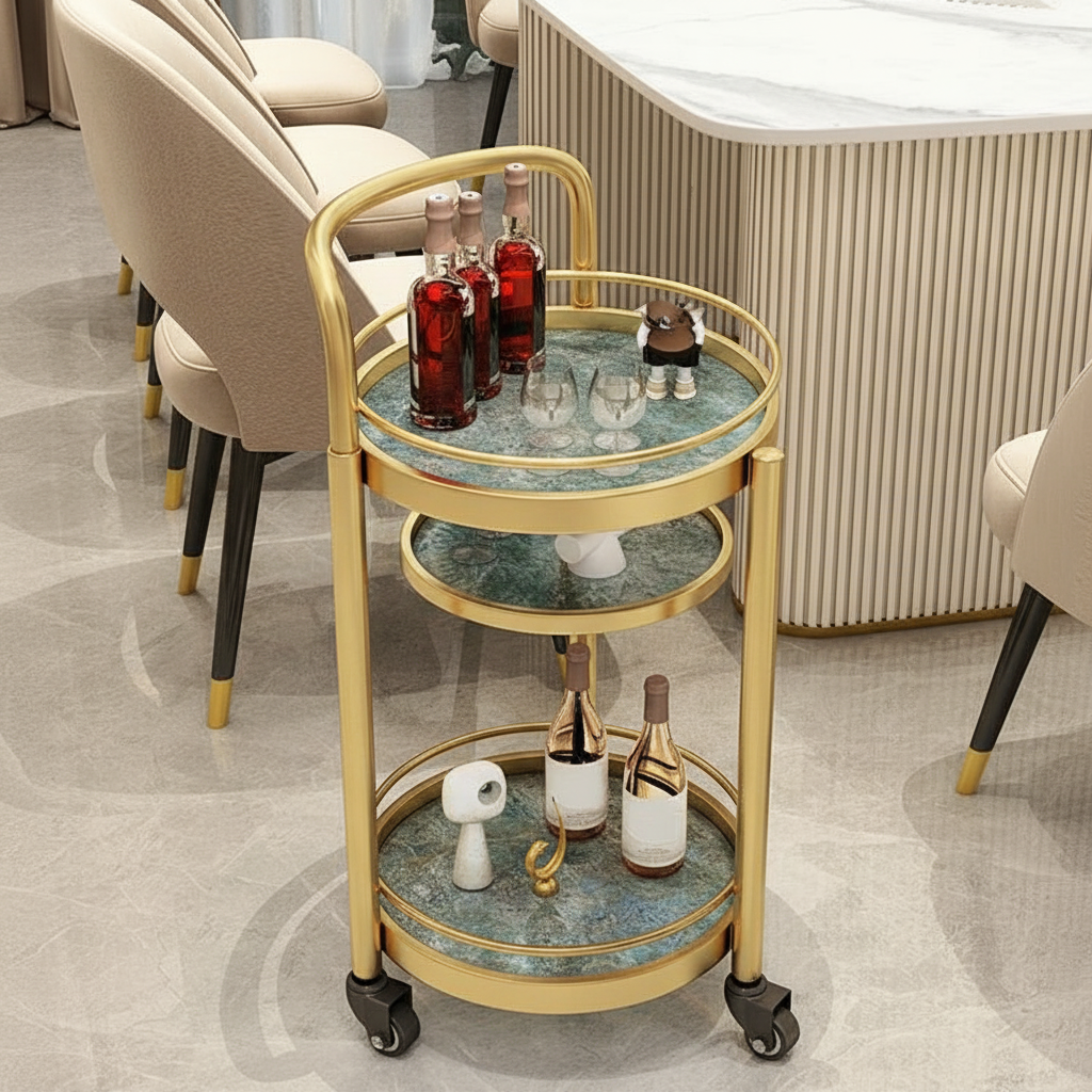 Luxury Modern Gold Bar Cart – Elegant 3-Tier Round Tiered Serving Trolley with marble Shelves and Mobile Rolling Casters - Image 2