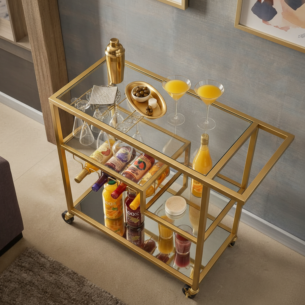 Luxury Multi-Tier Gold Bar Cart – Elegant Serving Trolley with Built-in Wine Glass Rack, Bottle Holder, and Glass Shelves on Rolling Wheels - Image 3