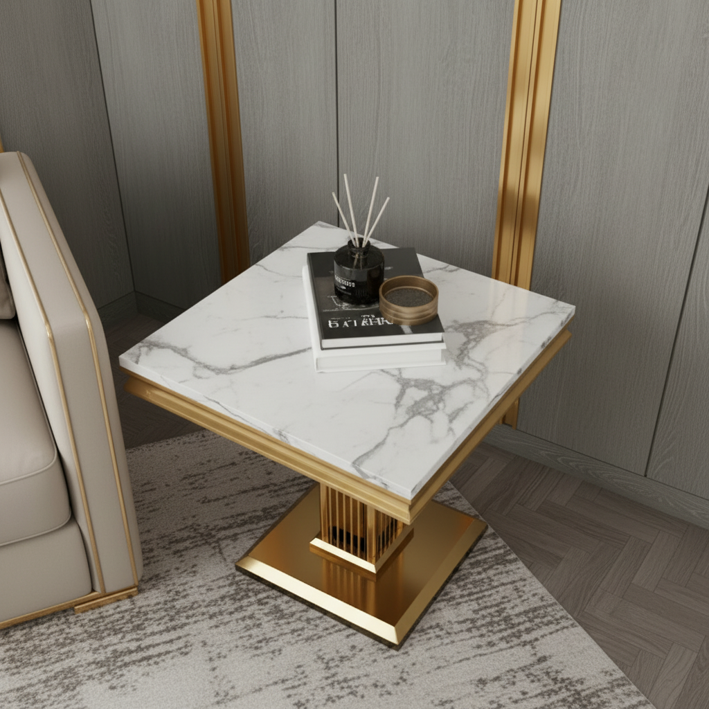 Fluted Gold & White Marble Side Table - Image 3