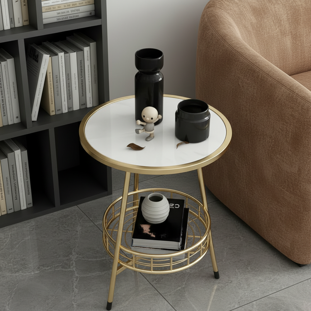 Modern Gold Side Table with Mesh Shelf - Image 3