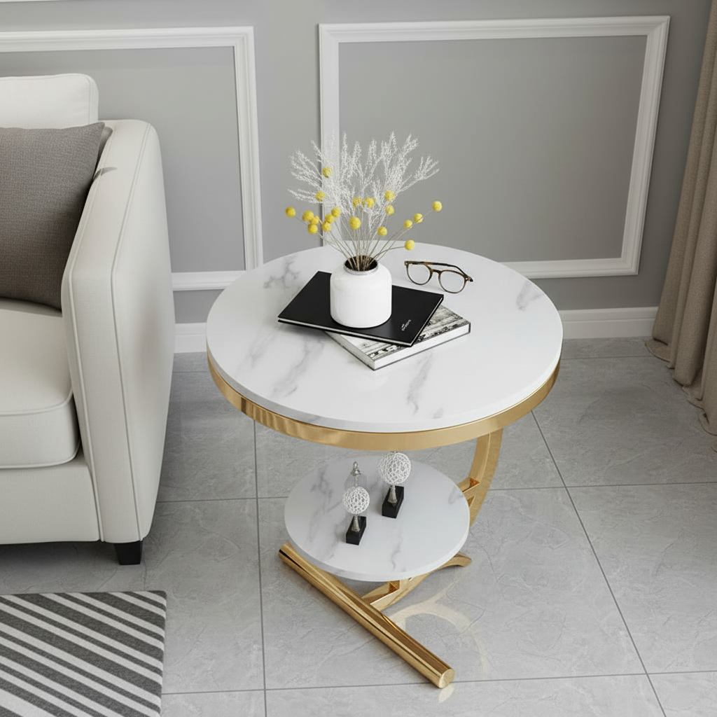 Modern Gold C-Frame Double Marble Side Table - Image 3