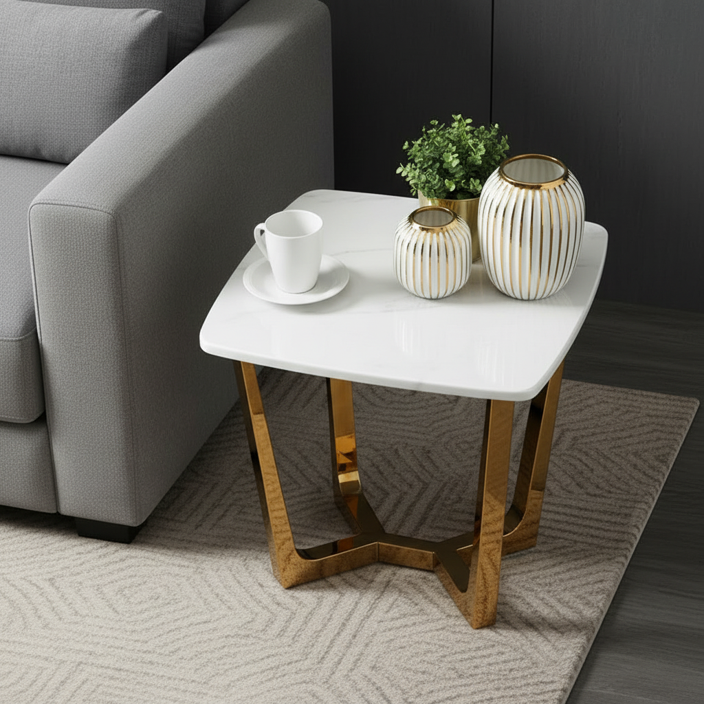 Gold Geometric Base Marble Side Table - Image 3