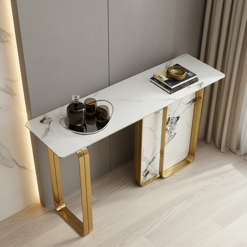 Gold Rounded-Frame Marble Console Table - Image 3
