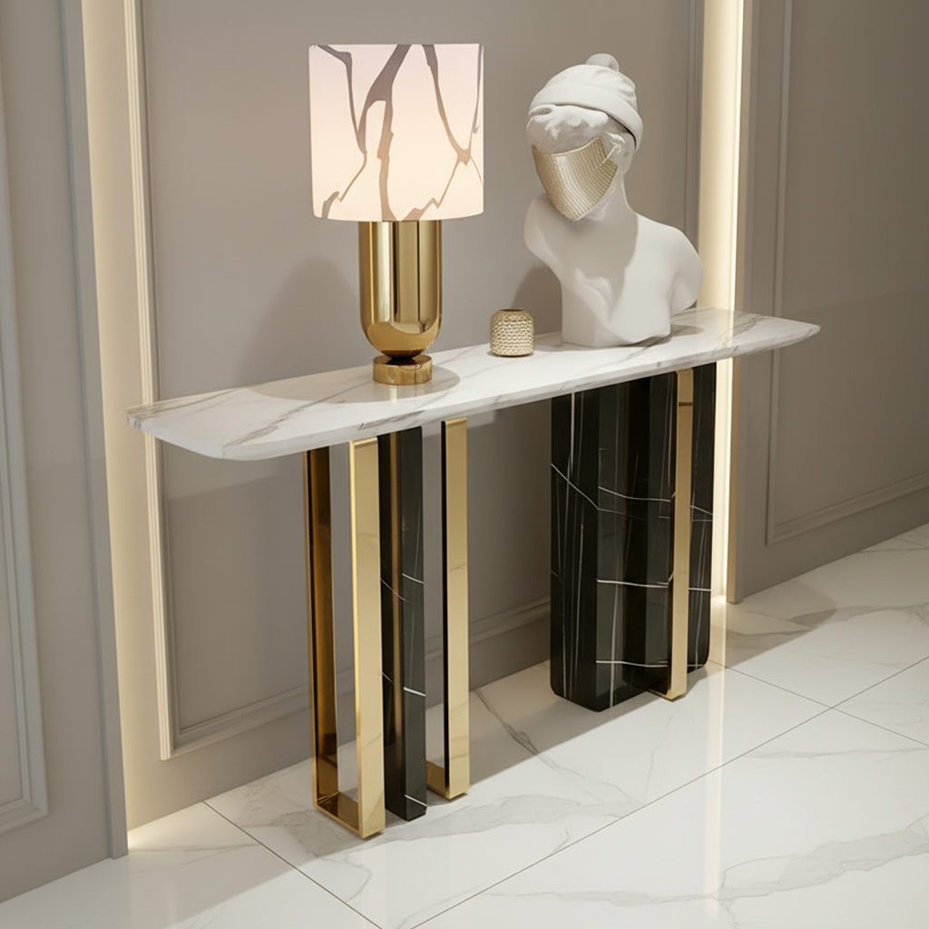 Gold & Black Marble Pillar Console Table - Image 3