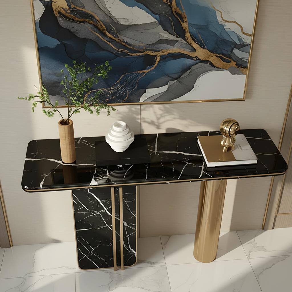 Gold & Black Marble Asymmetric Console Table - Image 3