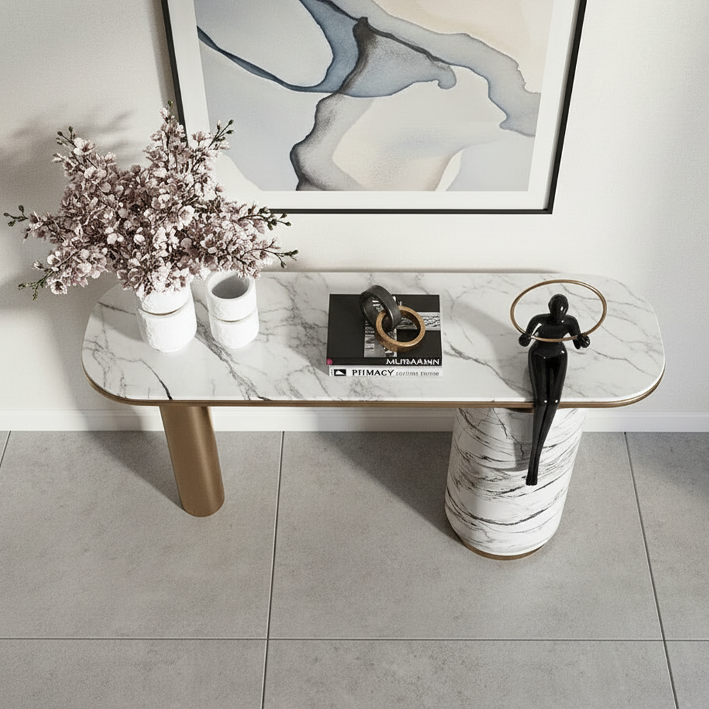 Gold & Marble Pillar Asymmetric Console Table - Image 3
