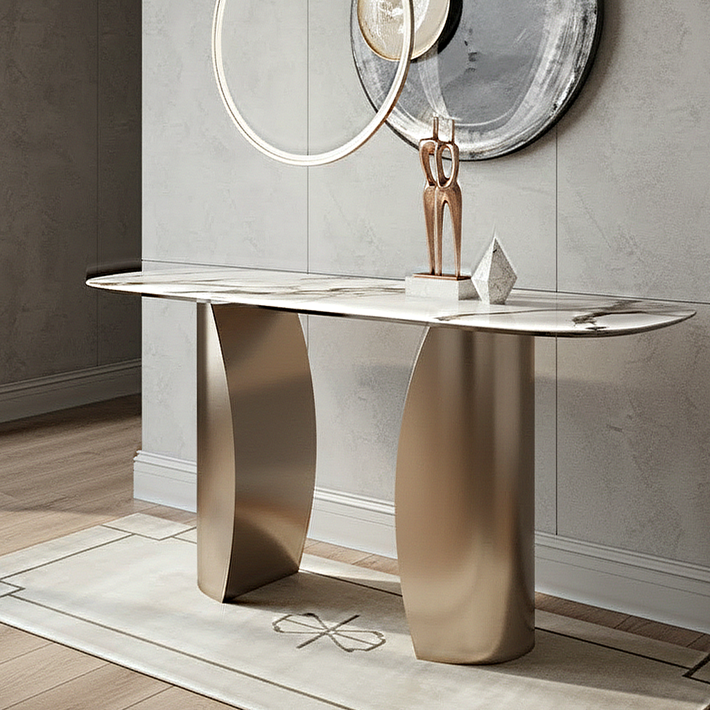 Gold Curved-Base Marble Console Table - Image 3
