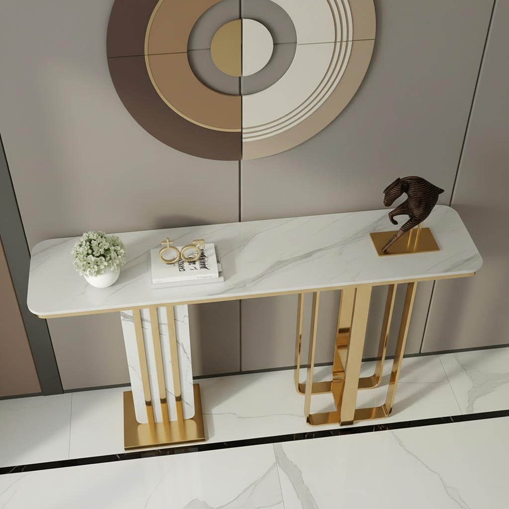 Gold Slat & Marble Panel Console Table - Image 3