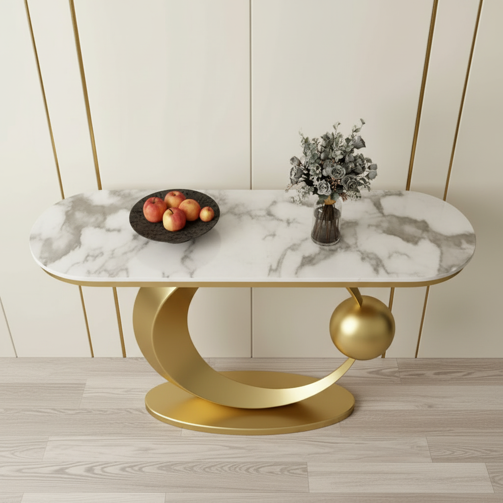 Gold Crescent & Orb Marble Console Table - Image 3