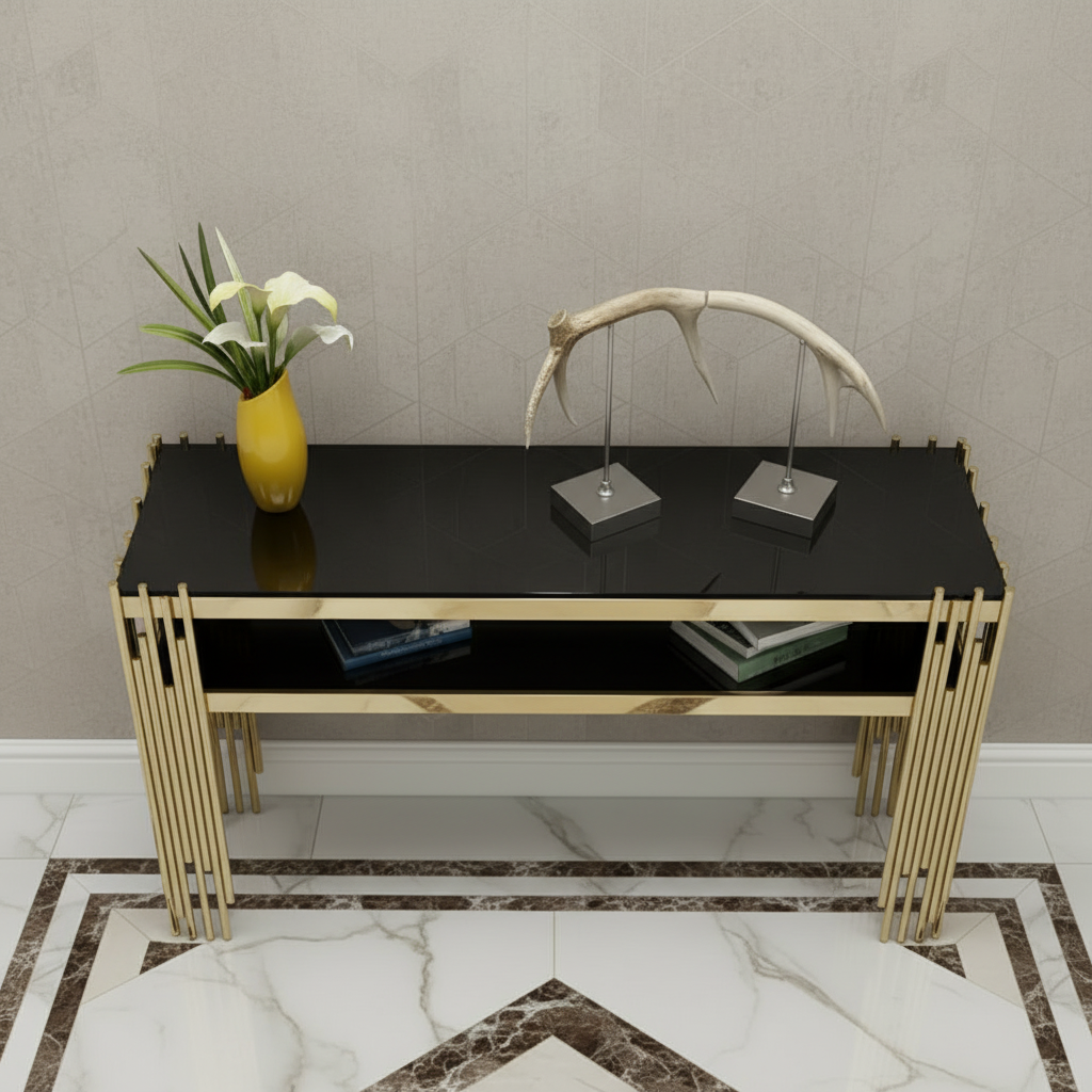 Gold & Black Slat-Leg Tiered Console Table - Image 3