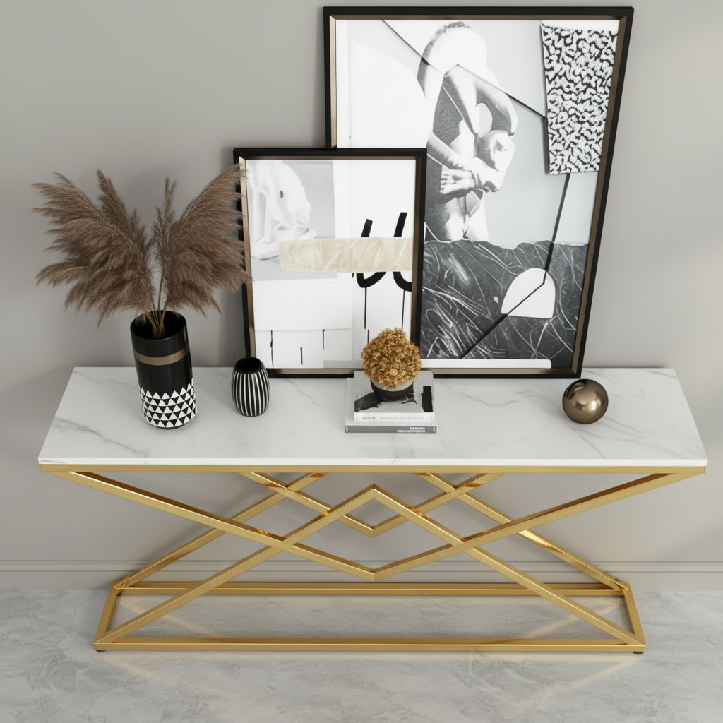 Gold Geometric Diamond-Base Marble Console Table - Image 3