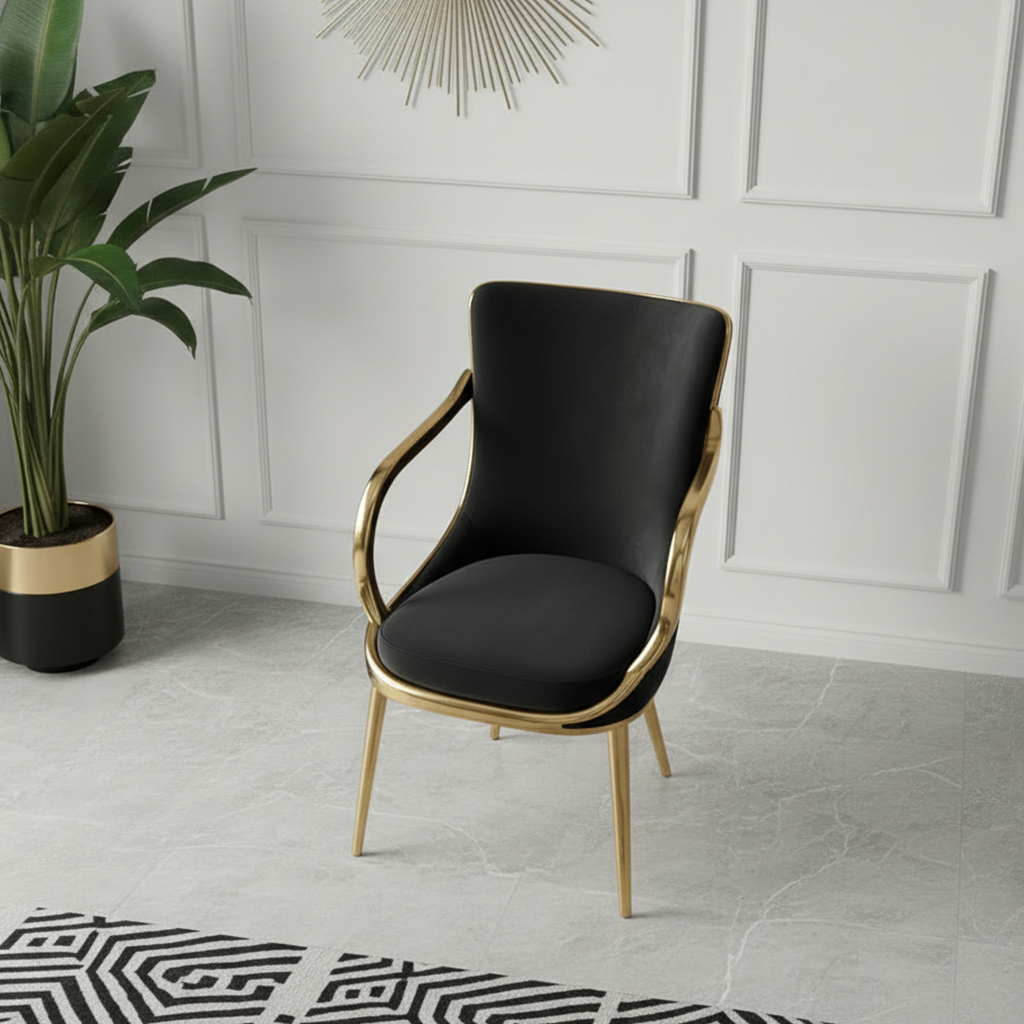 Gold-Framed Black Velvet Accent Dining Chair - Image 3