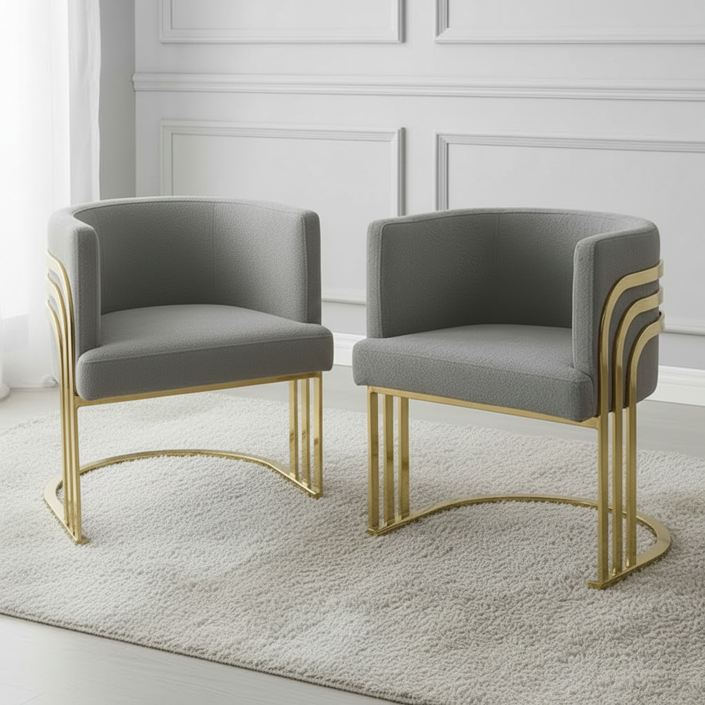 Gold-Framed Grey Bouclé Barrel Chair - Image 2