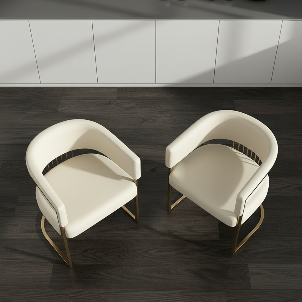Gold-Framed Off-White Leather Barrel Dining Chair - Image 2