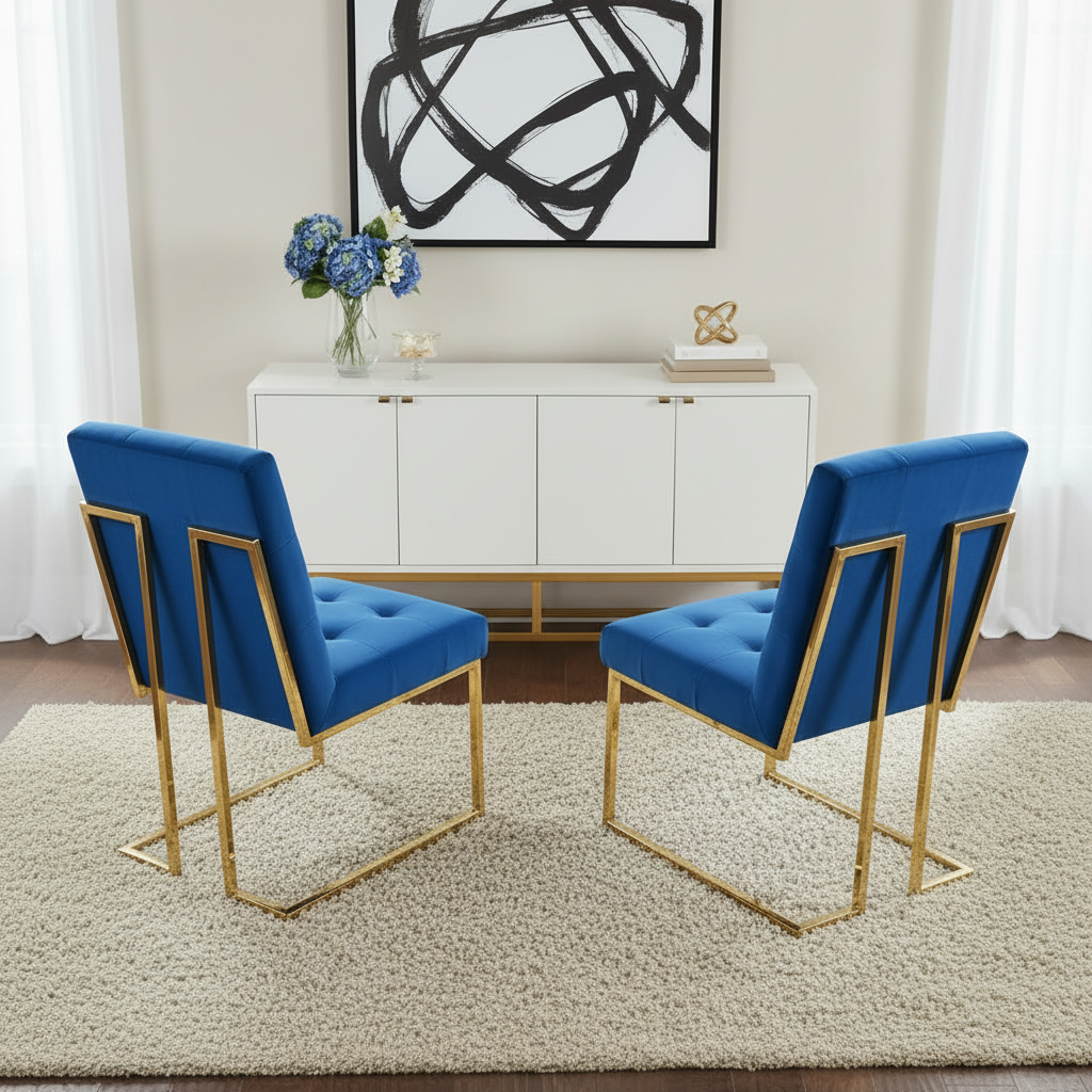 Gold-Framed Royal Blue Velvet Tufted Dining Chair - Image 2