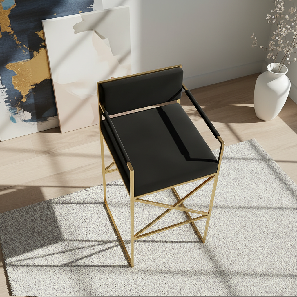 Modern Gold X-Frame Black Leather Bar Stool - Image 2