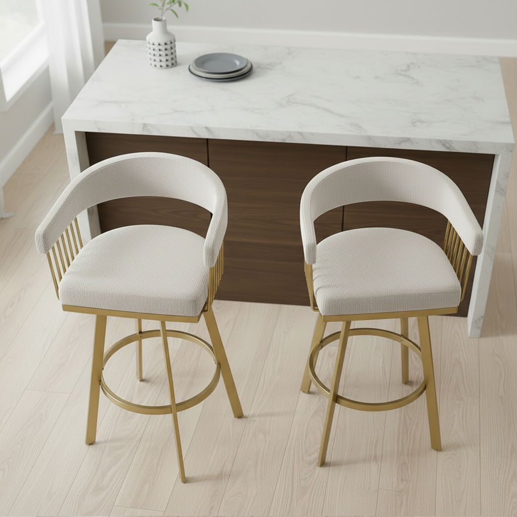 Modern Gold-Framed Swivel Bar Stools with Off-White Fabric Seat - Image 2